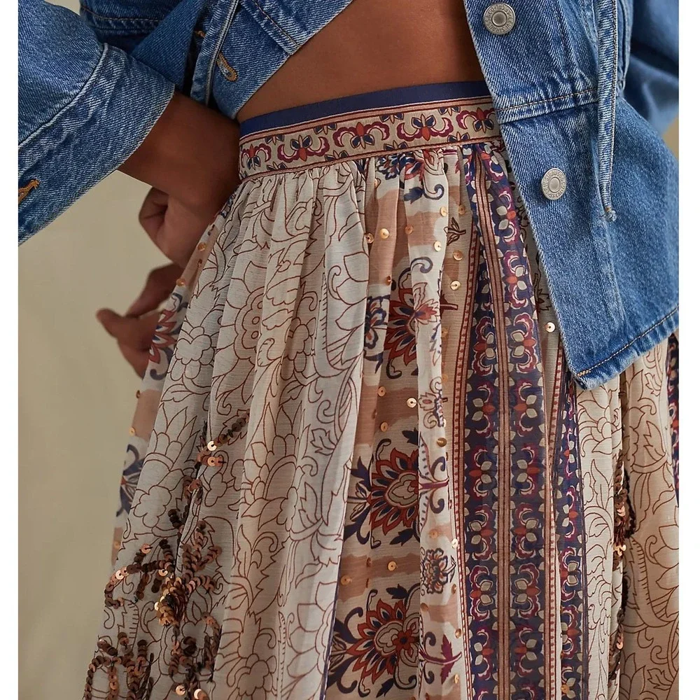 Anthropologie Let Me Be Embroidered Maxi Skirt Beaded Boho Ethereal Size Small